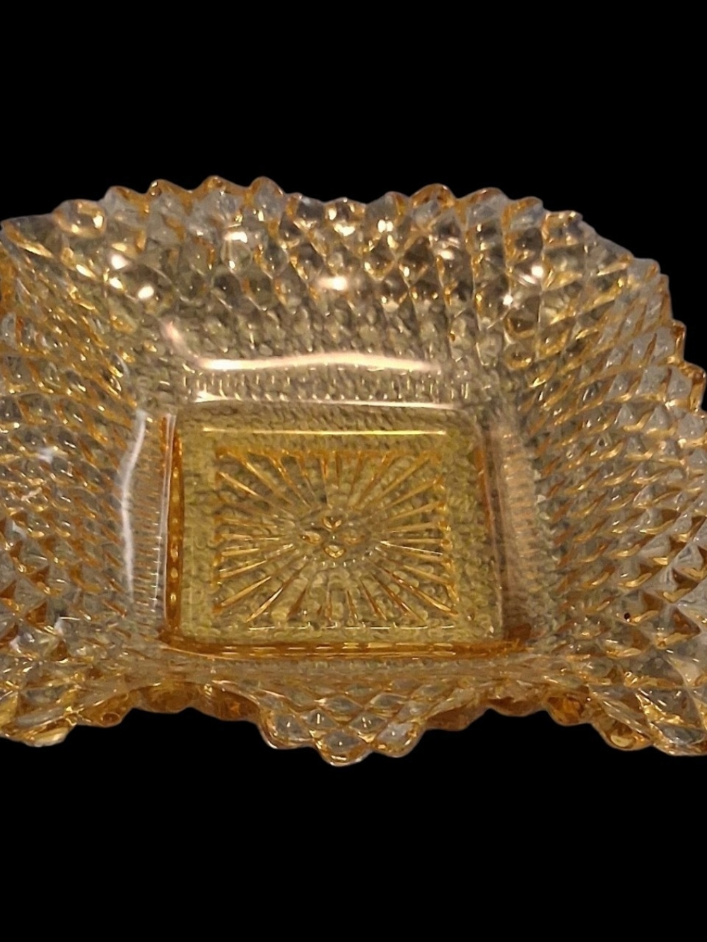 Vintage Mid Century Amber Pressed Glass Square Trinket Dish Starburst Pattern